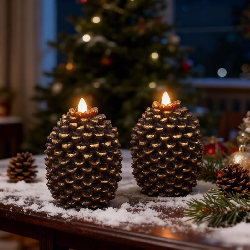 Eldnacele Pine Cone Flameless Candles Battery Operated with 6 Hour Timer Unscented Real Wax Flat Wick Flickering Pinecone LED Candles Christmas Home Holiday Decoration(2 Pack Brown) - Image 3
